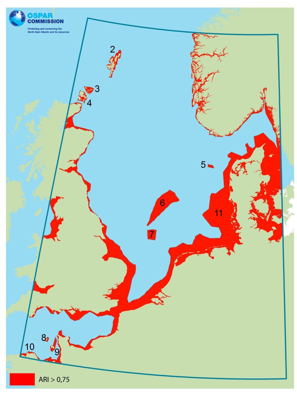 Annex, page 5 Annex 2 Map of the area average risk index ARI in the North Sea The area with the risk index ARI of 0.75 and above is depicted in red.