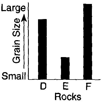 150. Which graph best represents a possible comparison of the average grain sizes for rocks D, E, and F?