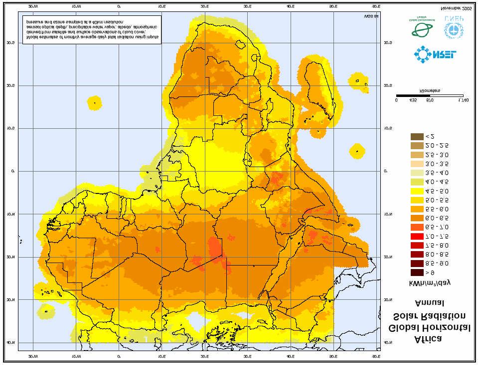 Africa Annual Average Global Horizontal Solar Radiation Map 19 Jul 2006 A map depicting model estimates of monthly average daily total radiation using inputs derived from satellite and surface