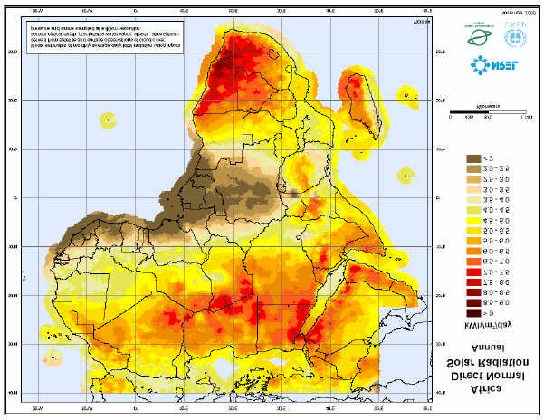 Africa Annual Average Direct Normal Solar Radiation Map Jul 2006 A map depicting model estimates of monthly average daily total radiation using inputs derived from satellite and surface observations