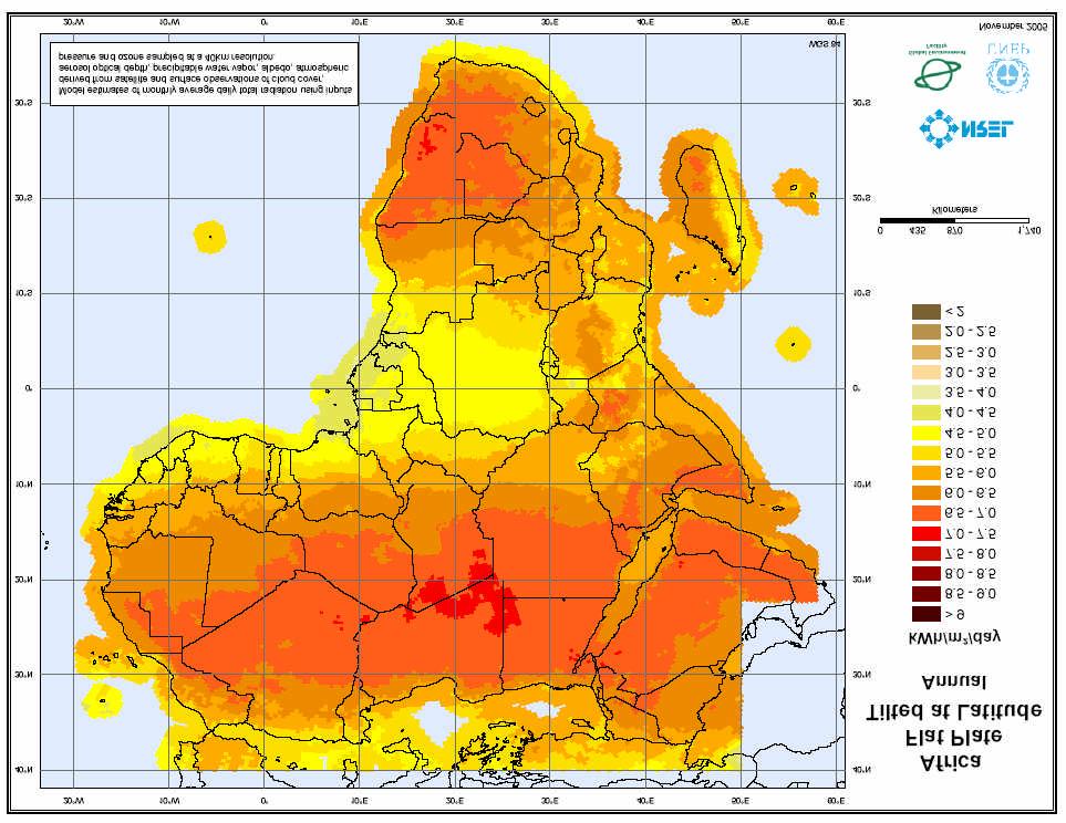 Africa Annual Average Flat Plate Tilted at Latitude Map 17 Jul 2006 A map depicting model estimates of monthly average daily total radiation using inputs derived from satellite and surface