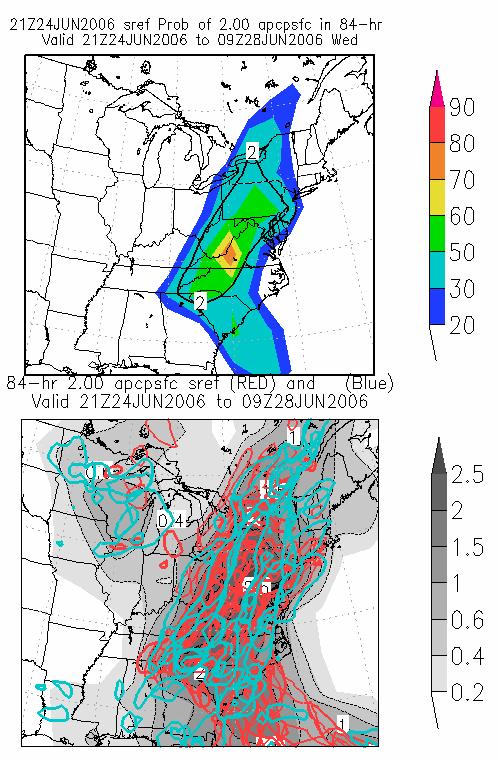 Figure 7. As in Figure 2 except from SREF initialized at 2100 UTC 24 June 2006. Overall, the PWAT, 850 hpa winds and moisture flux fields showed the same synoptic flood pattern indicated by the MREF.