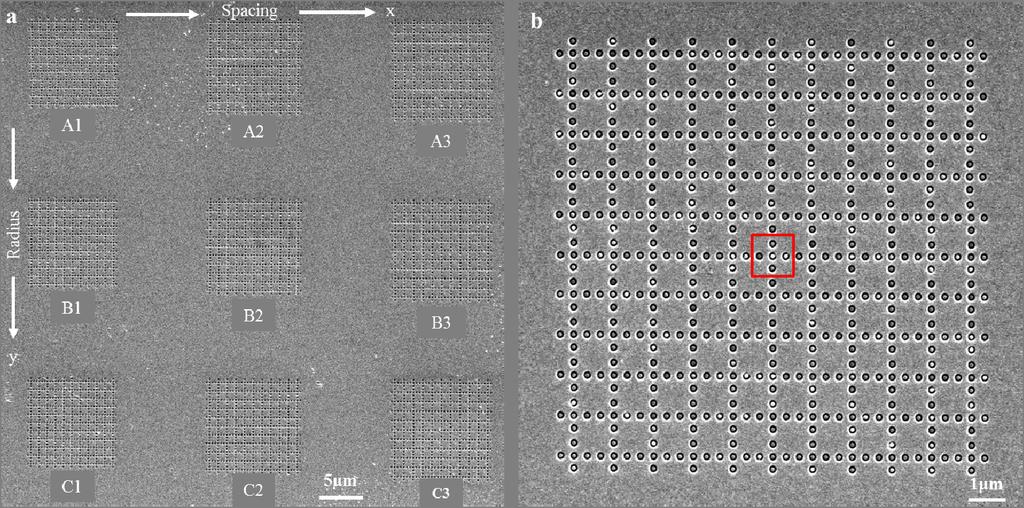 arrays on the left most column and increases in 20 nm steps for consecutive columns.