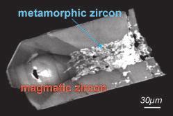 (A) Zircon with preserved magmatic shape and zoning, transected by fractures filled with metamorphic zircon (Zermatt, Switzerland; Rubatto et al. 1998).