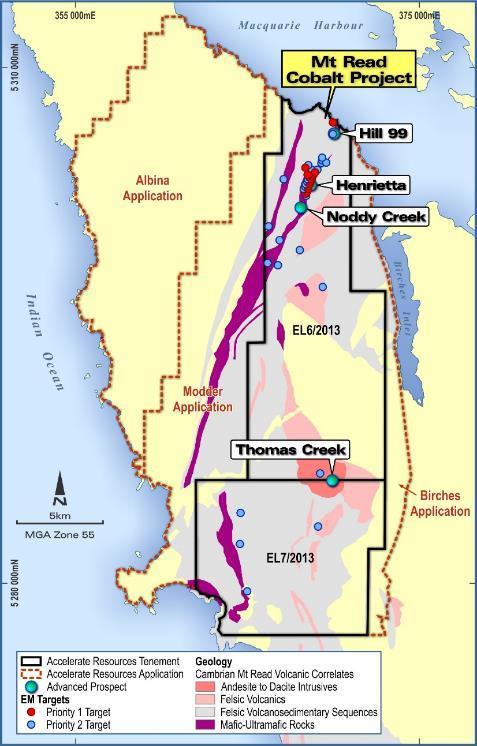 Figure 2: Mount Read Project - Airborne EM targets identified from reprocessing of AEM data Tasmanian Project Overview The Company s Mount Read Cobalt project is located on the Sorrell Peninsular in