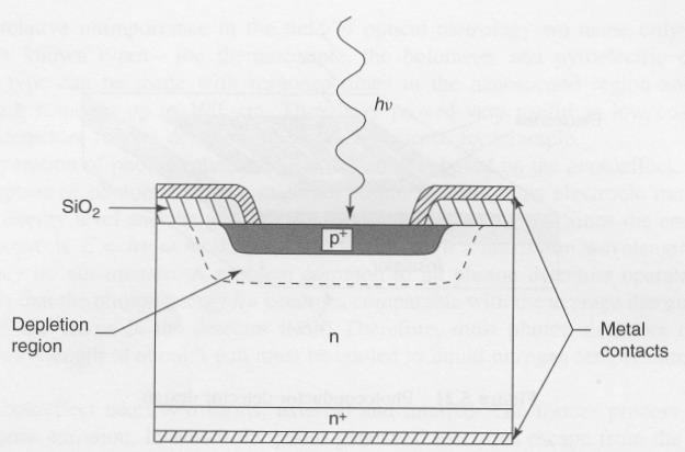 Detectors Photodiode is a p-n junction structure where photons absorbed generate electrons and holes which are subject to electric field within that layer The two carriers