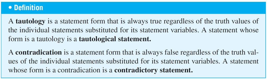 Outline Review: (propositional) logic Logic Equivalence Arguments Rule of inferences Fallacy 34 Tautologies and Contradictions the truth of a tautological statement (and the falsity of a