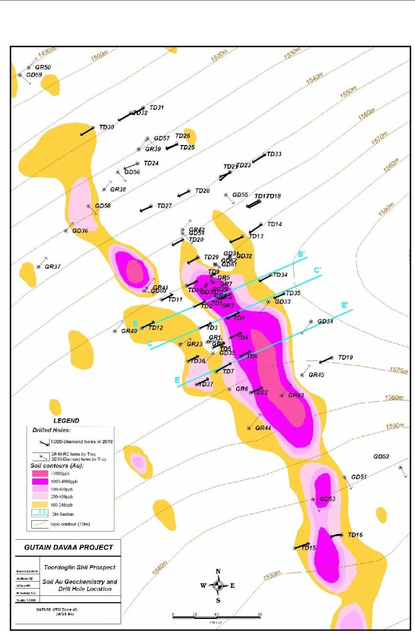 The Toordogiin Shil prospect was discovered as high grade surface samples from following alluvial gold occurrences. It has been partially delineated on surface by soil gold geochemistry.