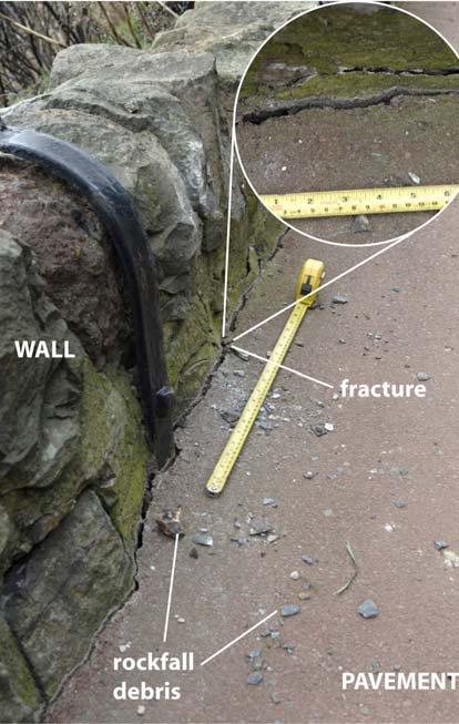 the recent rockfall event but nonetheless attest to the relative frequency of such falls. Figure 4: Damage to road, pavement and wall resulting from rockfall 2.
