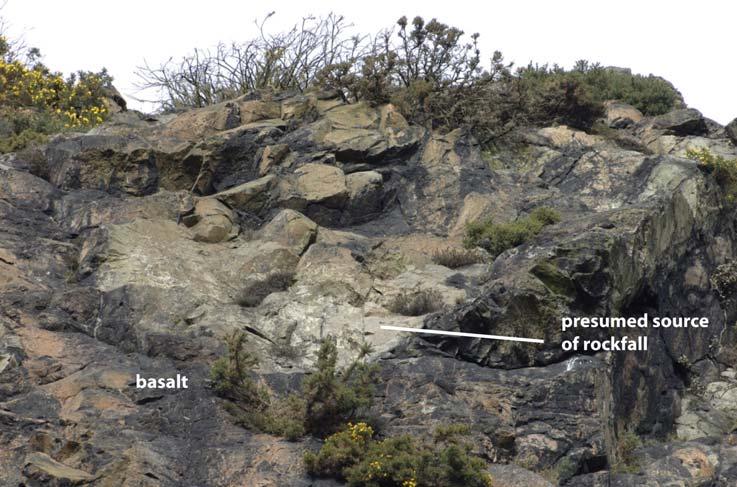 Figure 5: Presumed source area for the rockfall, near the top of the basaltic crags.