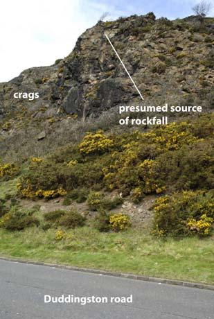 The rockfall occurred from crags between an upper road (Queen s Drive) and a lower road leading to