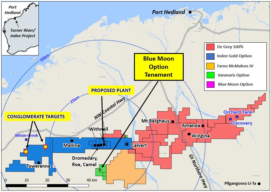 De Grey Mining Ltd (ASX: DEG, De Grey Company ) is pleased to announce it has signed a binding Option Agreement to acquire 70% of the Blue Moon tenement (P47/1773), located within 20km of the