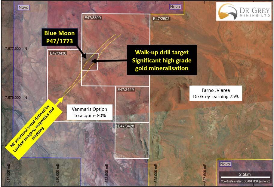 Prospectivity of Blue Moon The Blue Moon Option secures a key strategic tenement within the Vanmaris leases recently optioned by De Grey (ASX Announcement 3 October 2017: Landholding secured with