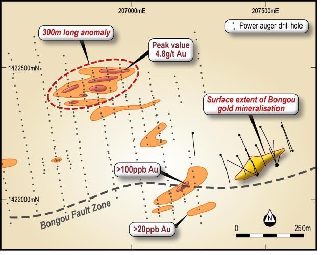 components: RC and diamond drilling to test for extensions of the known Bongou mineralisation - which remains open at depth and along strike.