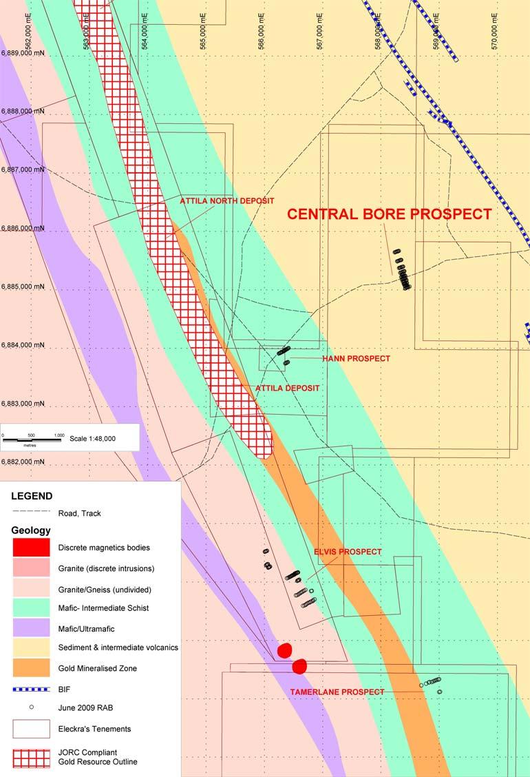 Figure 2. Location of June 2009 RAB Holes at Central Bore, Elvis, Tamerlane, Hann in Relation to Attila Gold Deposit.