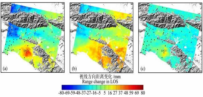 Fig.2 (a) Original Interferogram: 20040807_20051001; (b) Differenced wet delay map; (c) Corrected Interferogram σ is related to these two quantities, we suggest φ determining the filter parameter α