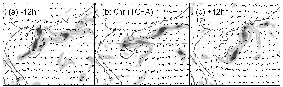 m s -1 ) and the shading shows positive relative vorticity (interval: 0.5 10-5 s -1 ). FIG. 2.