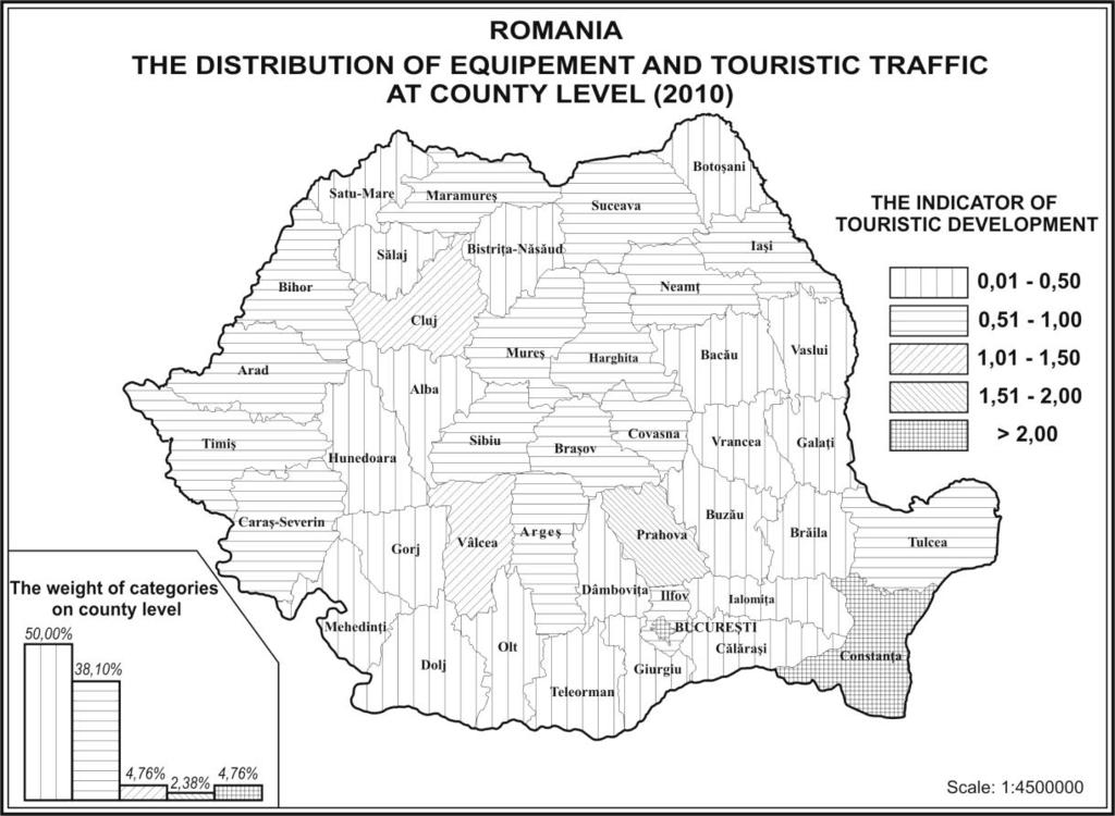 The calculation of this indicator allowed an integrated analysis of the level of exploitation of the touristic resources at county level and of the developing areas from Romania. At county level (Fig.