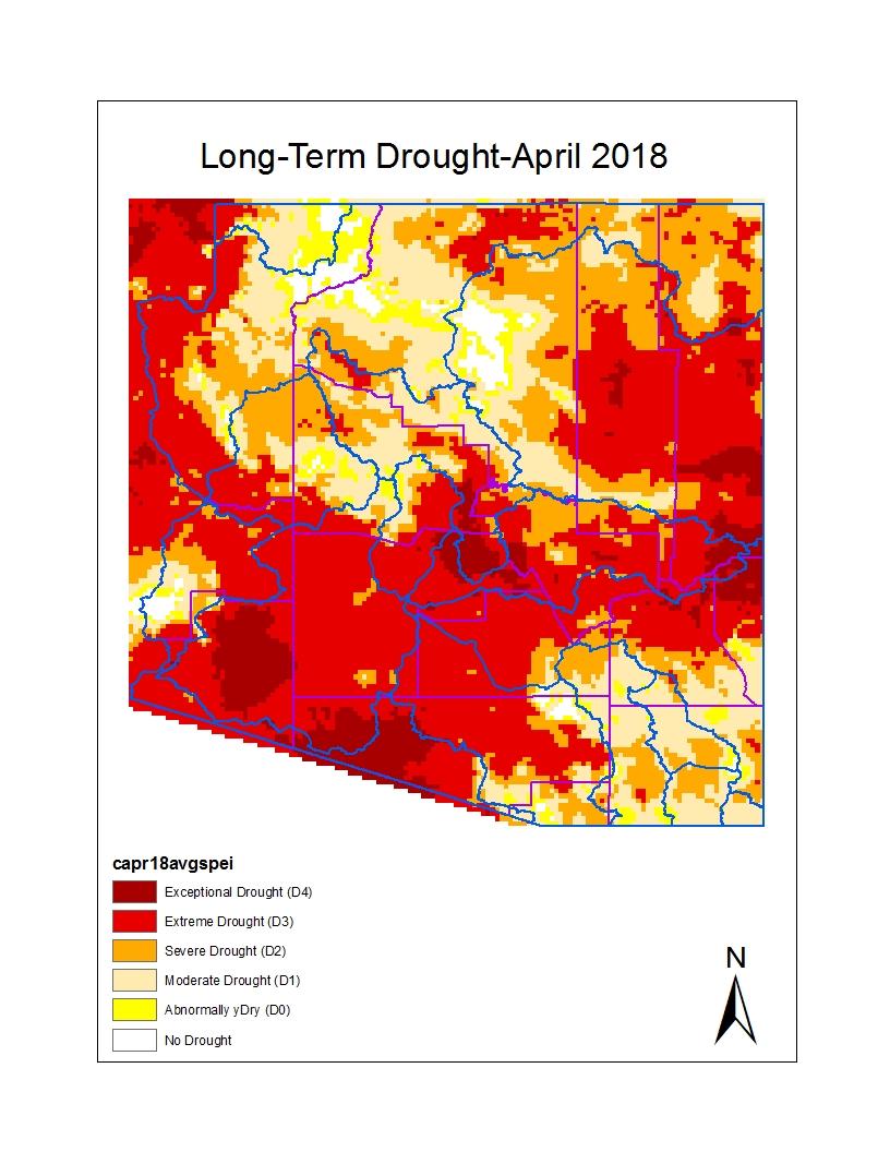 Long-term drought map for April for Arizona shows hydrologic drought, and this month it is based on precipitation and evaporation using the Standardized Precipitation Evaporative Index (SPEI) over