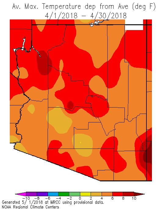 April April minimum temperatures were 2 to 6 o F warmer than average across the state with slightly cooler than average temperatures at the border of Gila, Coconino and Yavapai counties.