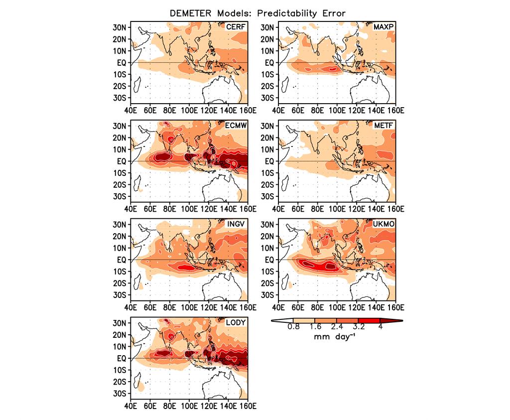 Fig.14. DEMETER model forecasts from 1 May initial conditions: RMS predictability errors of JJAS seasonal precipitation anomalies. Units are in mm day 1.