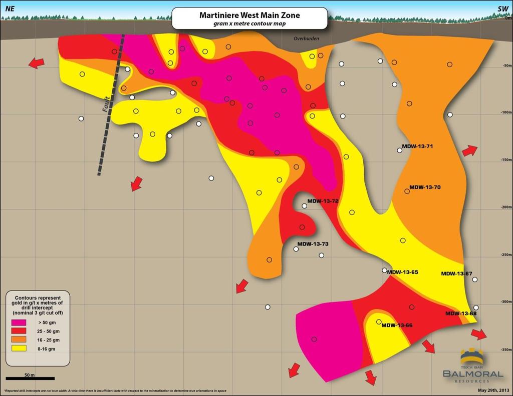 MARTINIERE WEST GOLD ZONE Shallow, high grade zone located 45 km from Detour Gold Deposit, 600 metres west of Bug Lake