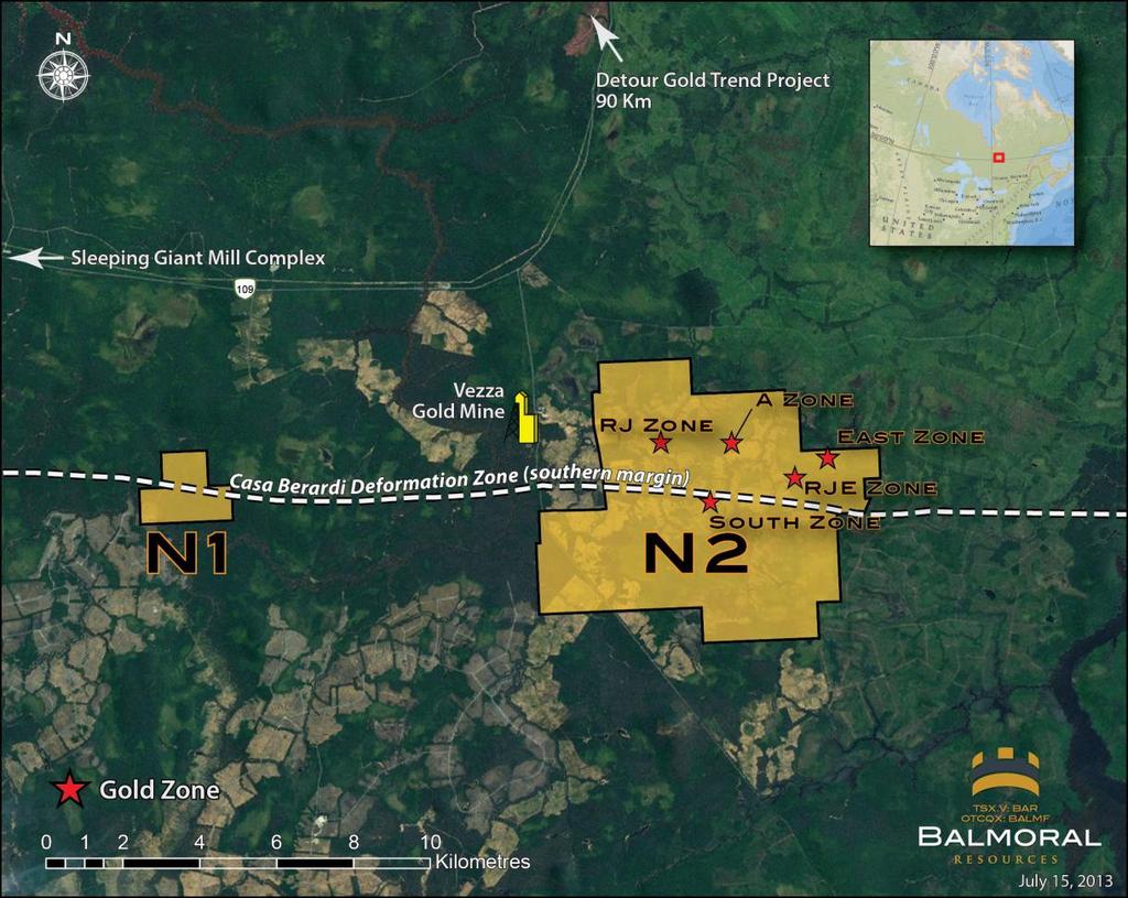 N1 AND N2 PROPERTIES Casa Berardi-Douay Deformation Zone BAR s N2 Project hosts a historic (pre-ni 43-10) geological resource of 785,000* ounces of gold in four near surface zones This near surface