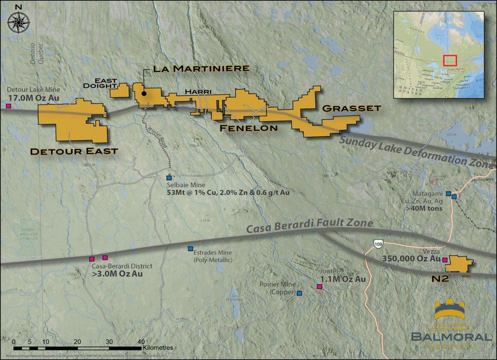BALMORAL LAND HOLDINGS Detour Gold Trend Project 80+ kilometre long land position Centered on highgrade Martiniere Gold System Osisko/Midland Opt.