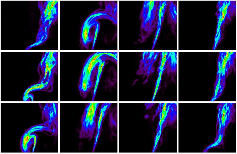 c 4 7 0 d 5 8 3 Figure 4. Phase averaged images of heat release rate, HR from the forced bluff body stabilized flame at a frequency of 60 Hz and high amplitude, bulk velocity of 0 m/s and φ = 0.6. From image 5 in fig.