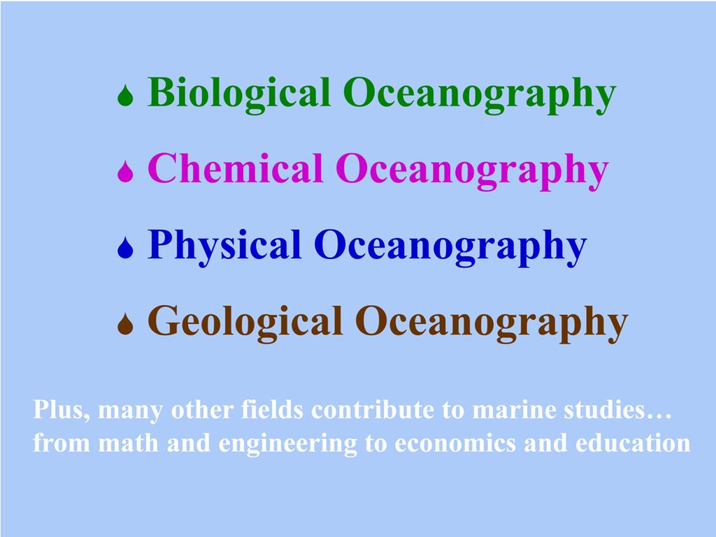 Marine/ocean science is broken into major subject areas called disciplines. (Side question: How many oceans are there? ONE!).