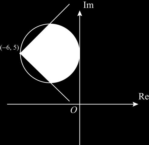 6 Figure 6 Circle drawn with centre (, 5). Circle should just touch the imaginary axis and clearly not touch the real axis. Two half lines drawn on the diagram.