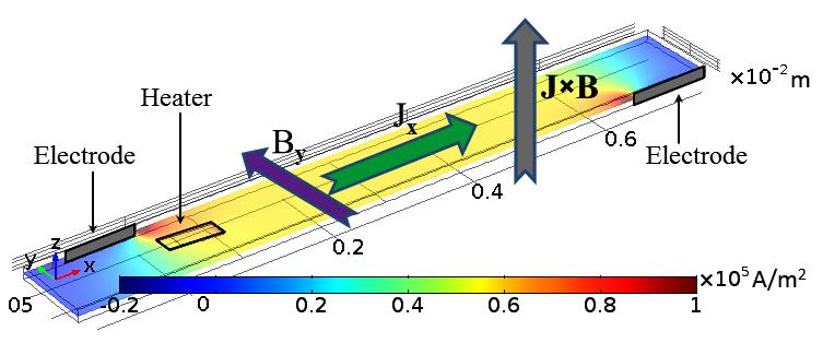 3 FIP/P4-38 FIG. 1: Numerical setup together with the typical current density distribution. a flat surface for the top wall with slip boundary condition.