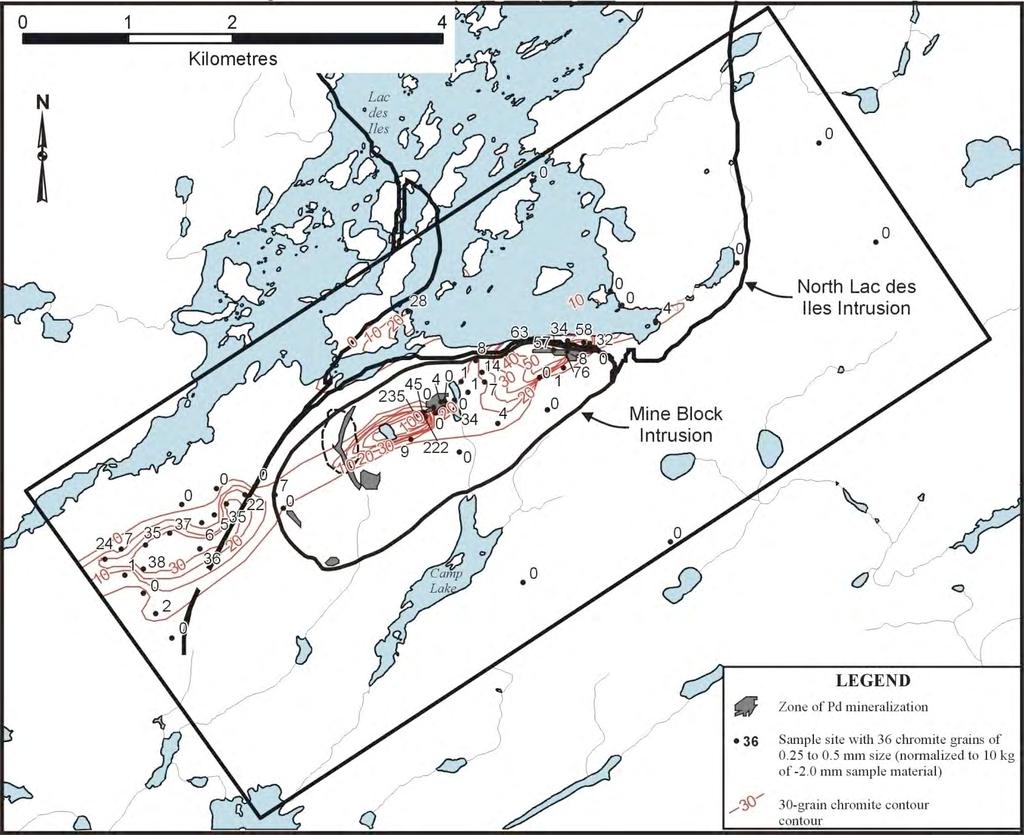 Dispersal of chromite from Lac des Iles