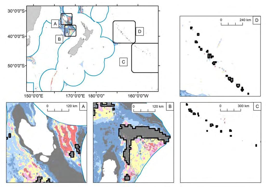 Figure 7: Map showing the intersection of the two automated GIS searches for 6 m.o.a. grid cells with a high priority for inclusion in areas open to fishing (black lines surrounding grey shading) after discarding those cells with no previous fishing.
