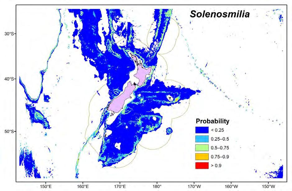 Figure 3: Example model predictions of habitat suitability (likelihood of occurrence) for the stony coral Solenosmilia
