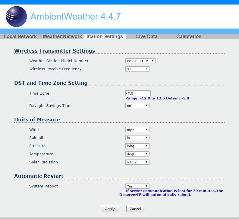 Figure 25 6.7 Live Data Select the Live Data tab to view your live data from the weather station. To freeze the live data updates, select the Stop Refresh button. 6.7.1 Reset and Change Rain Totals During the installation of your weather station, you may report false rain do to vibration of the tipping mechanism.