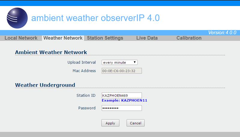 Figure 27 6.8.1 WeatherUnderground.com Enter the Station ID and Station Key obtained from Wunderground.com. Select the Apply button to confirm changes. 6.8.1.1 Creating a WeatherUnderground.