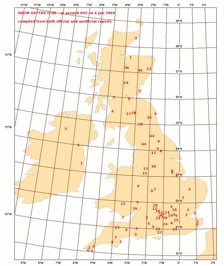 Figure 14. Snowfall (cm) across the British Isles.