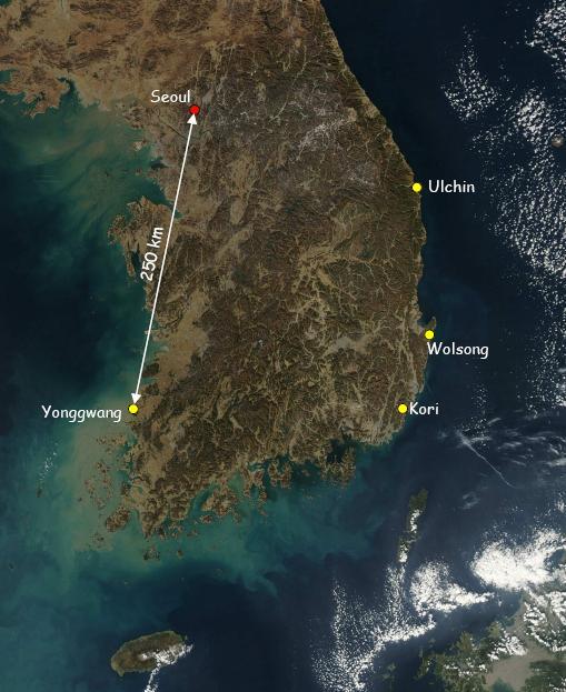YongGwang Nuclear Power Plant Located in the west coast of southern part of Korea ~400 km from Seoul 6 reactors are lined up in roughly equal