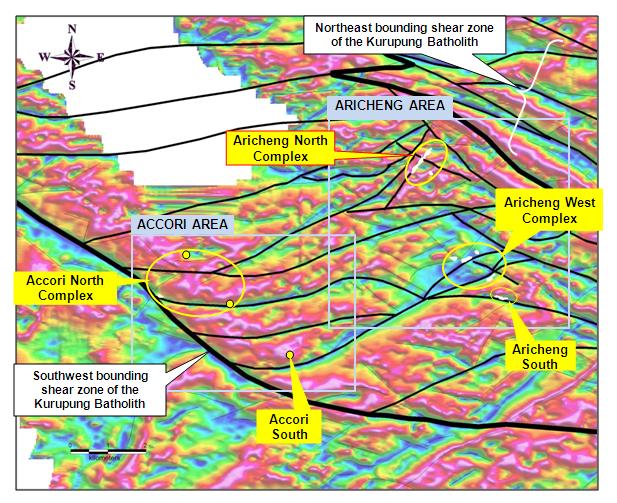 Figure 1 Clusters of Multiple Uranium-Bearing Structures in the Kurupung Batholith Map of airborne magnetic data from the Kurupung Batholith overlain with interpreted structures (black lines) that