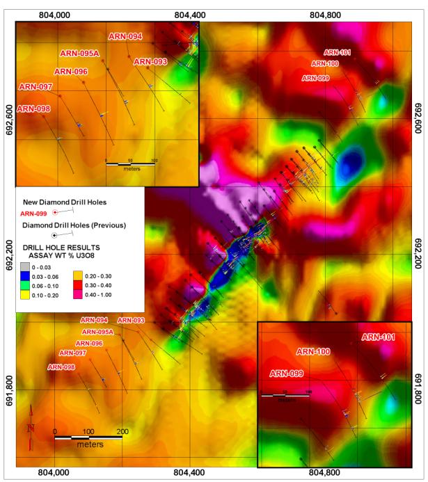 Figure 2 Drill Hole Locations at Aricheng North and Extensions Plan view of the location of the nine bore holes drilled in the scout drilling program on the extensions of the Aricheng North (results