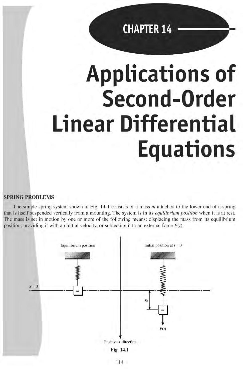 CHAPTER 14 Applications of Second-Order Linear Differential Equations SPRING PROBLEMS The simple spring system shown in Fig. 14-!
