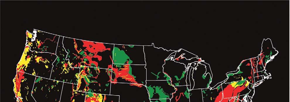 Landslide potential of the conterminous United States: Red areas have very high potential, yellow areas have high