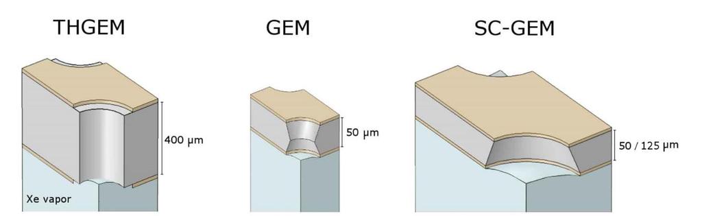 2.1 Horizontal LHM Four LHM electrodes were investigated in a horizontal configuration (as in Figure 1): a THGEM, a standard 50 µm-thick GEM with bi-conical holes and two single-mask GEMs with