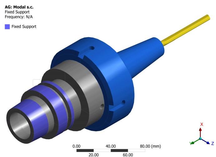 ground electrode active electrode piezo disk with polarization direction clamping bolt pretension Figure 2: Polarization and electrodes for longitudinal actuator Figure 3 shows the 3-D finite element