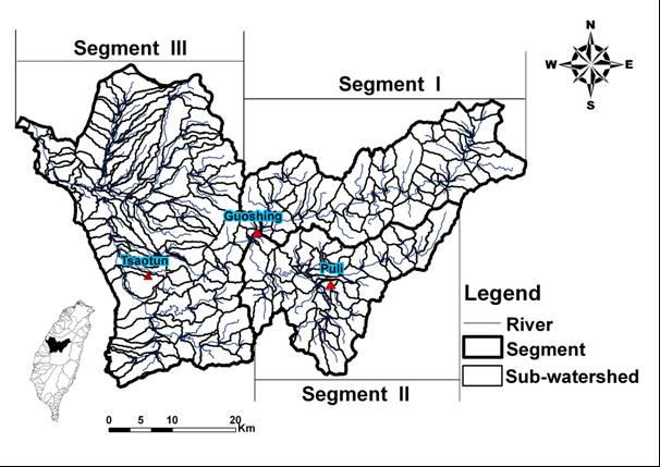 For detailed analysis and discussion, this study divides the Wu River catchment to three sub-catchments, the Peikang sub-catchment (I), Nankang sub-catchment (II), and mid to lower stream of Wu River