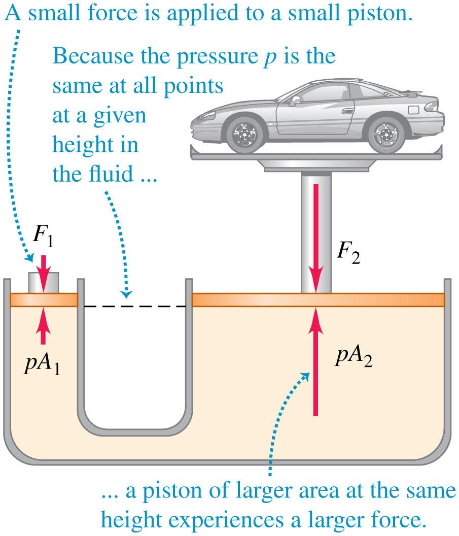 Pressure applied to an enclosed fluid is transmitted undiminished to every portion of the fluid and the walls of the containing vessel: p = F 1 A 1 = F 2 A 2 Why hydraulics work Acts like a liquid