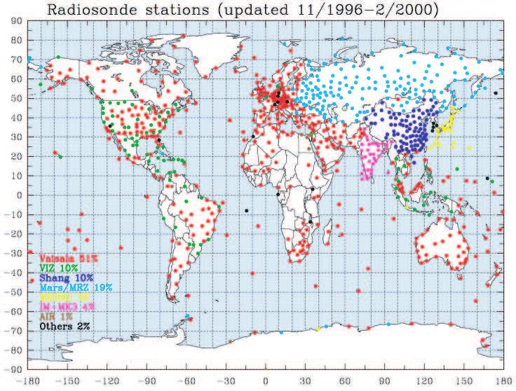 3 Fig. 2.1: Geographical distribution of global radiosonde stations (total 852) colored by radiosonde types.