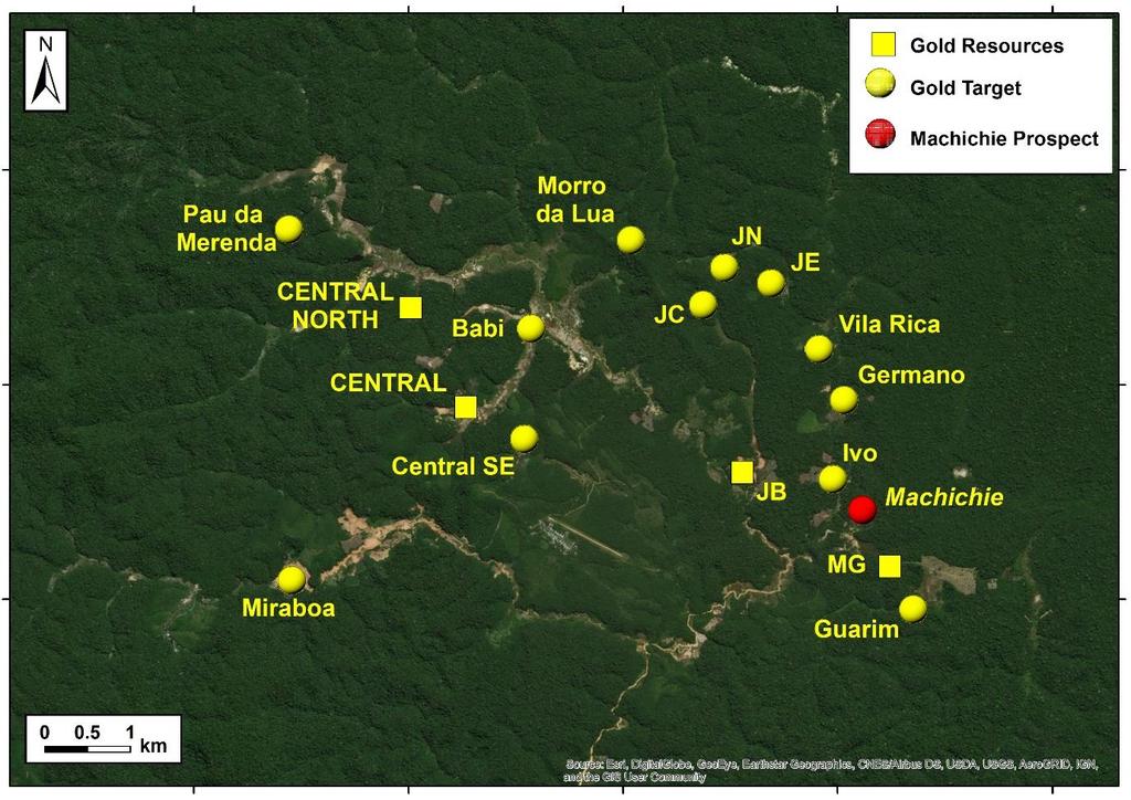 Figure 1: Location of the Machichie target relative to the other gold deposits and targets in the central part of the Cuiú Cuiú property.