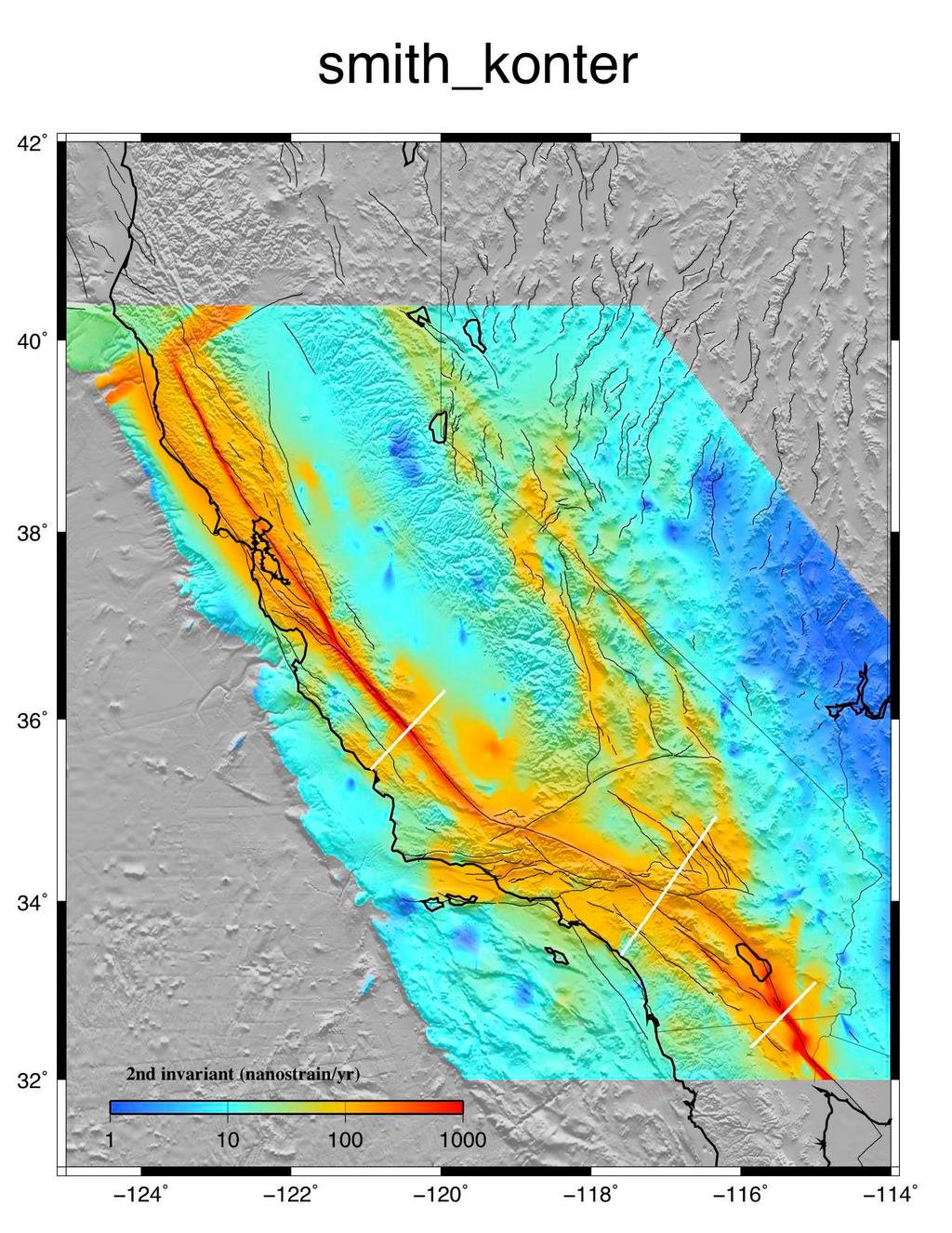 Strain rate derived from a dislocation model of the San Andreas Fault system [Smith-Konter and Sandwell, GRL, 2009]. 610 GPS velocity vectors were used to develop the model.